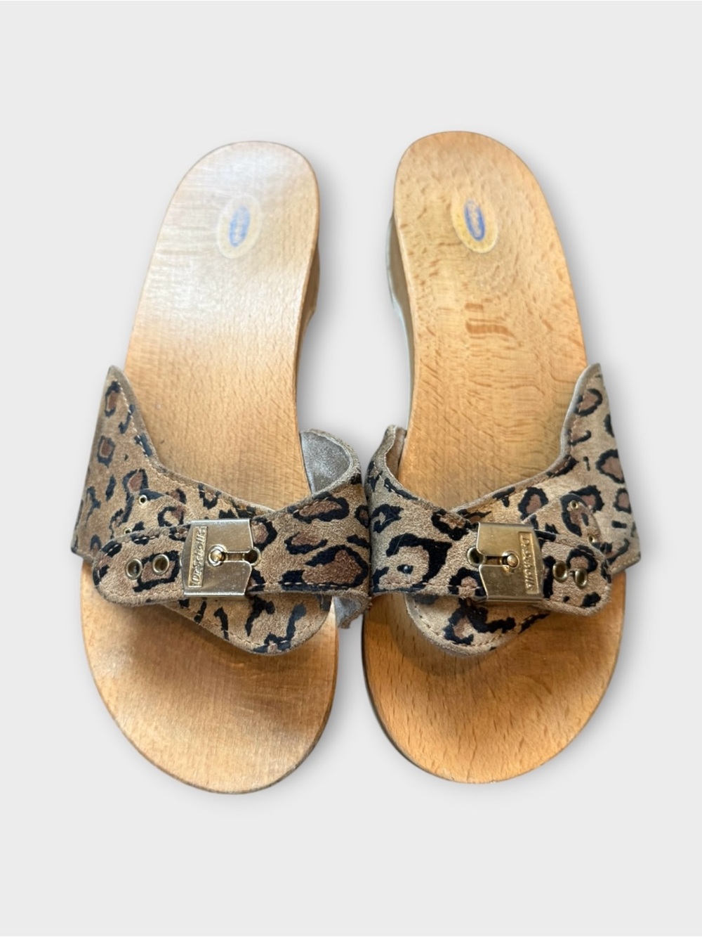Vintage Dr Scholl's Original Leather Exercise Wooden Sole Slide Sandals